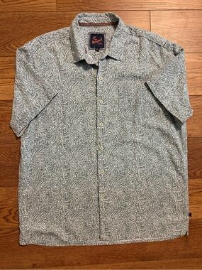 Newport Isle Mens XL Green White Leaf Print Linen Blend Short Sleeve Button Down